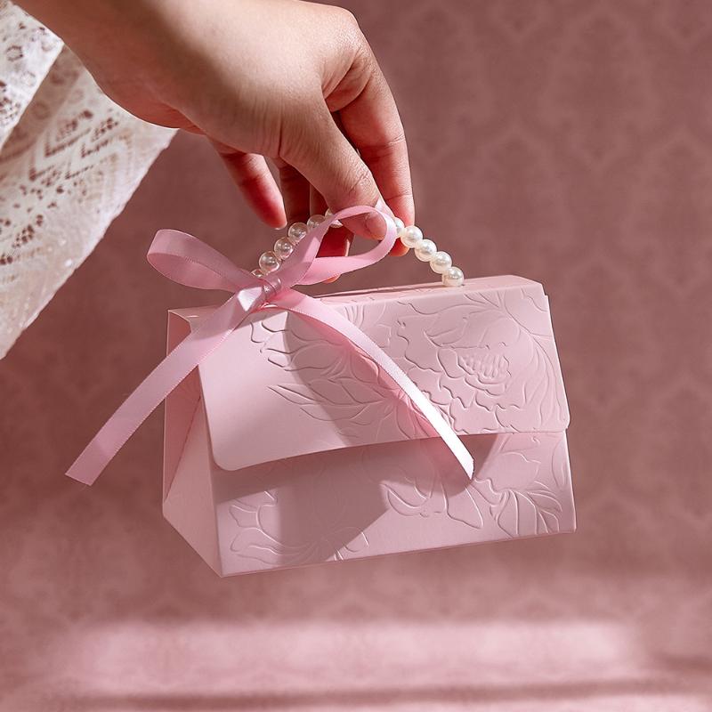 10Pcs Pink Pearl Portable Gift Box Wedding Portable Ribbon Souvenir Wedding Candy Paper Box Diy Party Packaging Supplies
