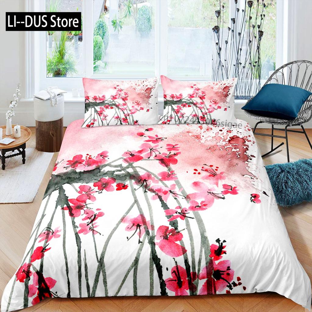 Chinese Traditional Painting Bedding Set Pink Plum Blossom Comforter Cover Set Full Size for Adults Teens Bedroom Decor 3pcs