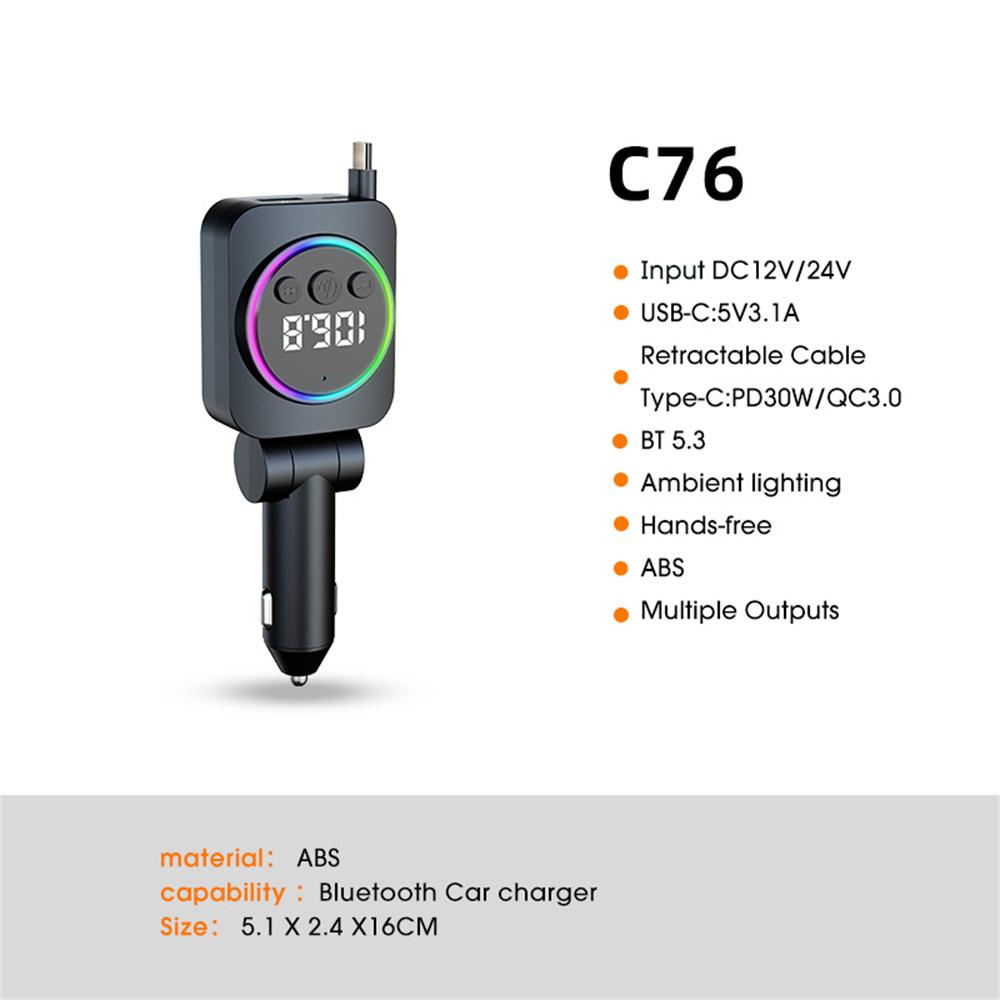 

C76 PD 30W Car Charger with Retractable Cable/Cigarette Lighter Adapter/Bluetooth-compatible FM Transmitter