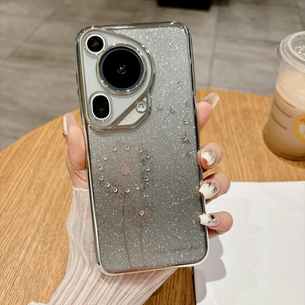 Capa de Celular Huawei Pura70ultra com Pontos de Dente-de-leão Galvanizados e Diamantes, Adequada para HONOR 80 Gradiente Brilhante Mate60
