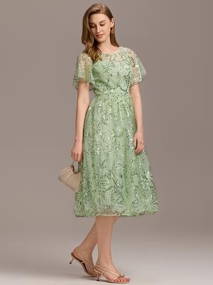 Ever-Pretty Women's Short Sleeve See-through Round Neck A-Line Sequins Midi Wedding Guest Dresses