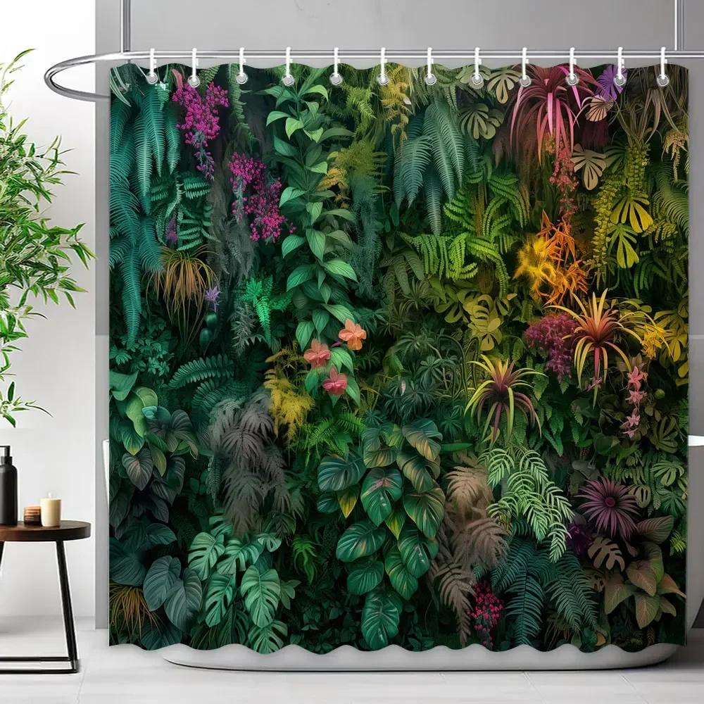 Walls Filled With Green Plant Leaves Shower Curtains Tropical Plants Natural landscape Polyester Shower Curtains Bathroom Decor