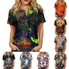 Women Casual Short Sleeve Henley Button Neck Shirt Cotton Linen Blend Halloween Print Front Pocket Top Relaxed Fit Blouse