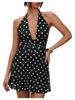 European-American Women's Polka Dot Pleated Halter Mini Dress - Sexy Deep V-neck Backless A-line Skirt