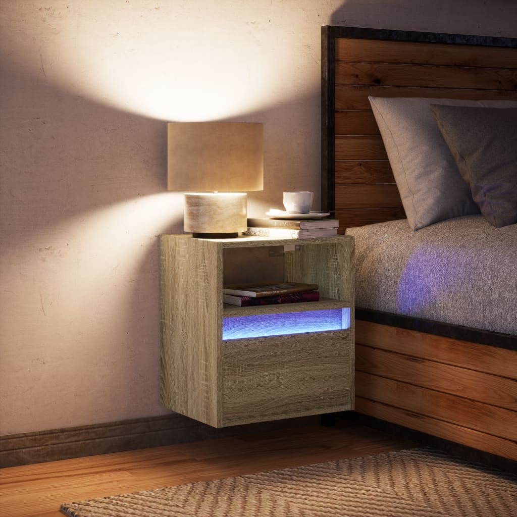 Wall Mounted Nightstand with LED Lighting Sonoma Oak