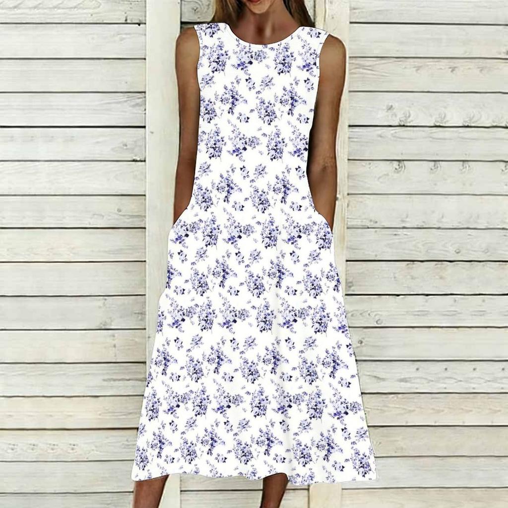 Plus Size Women Sleeveless Crew Neck Dress Beautiful Flower Printed Loose Long Dress For Summer Street Wear