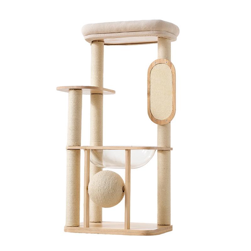 Solid Wood Cat Tree with Bed & Climbing Platform, Space Capsule Scratcher for Large Cats, Small Footprint TQM-2117