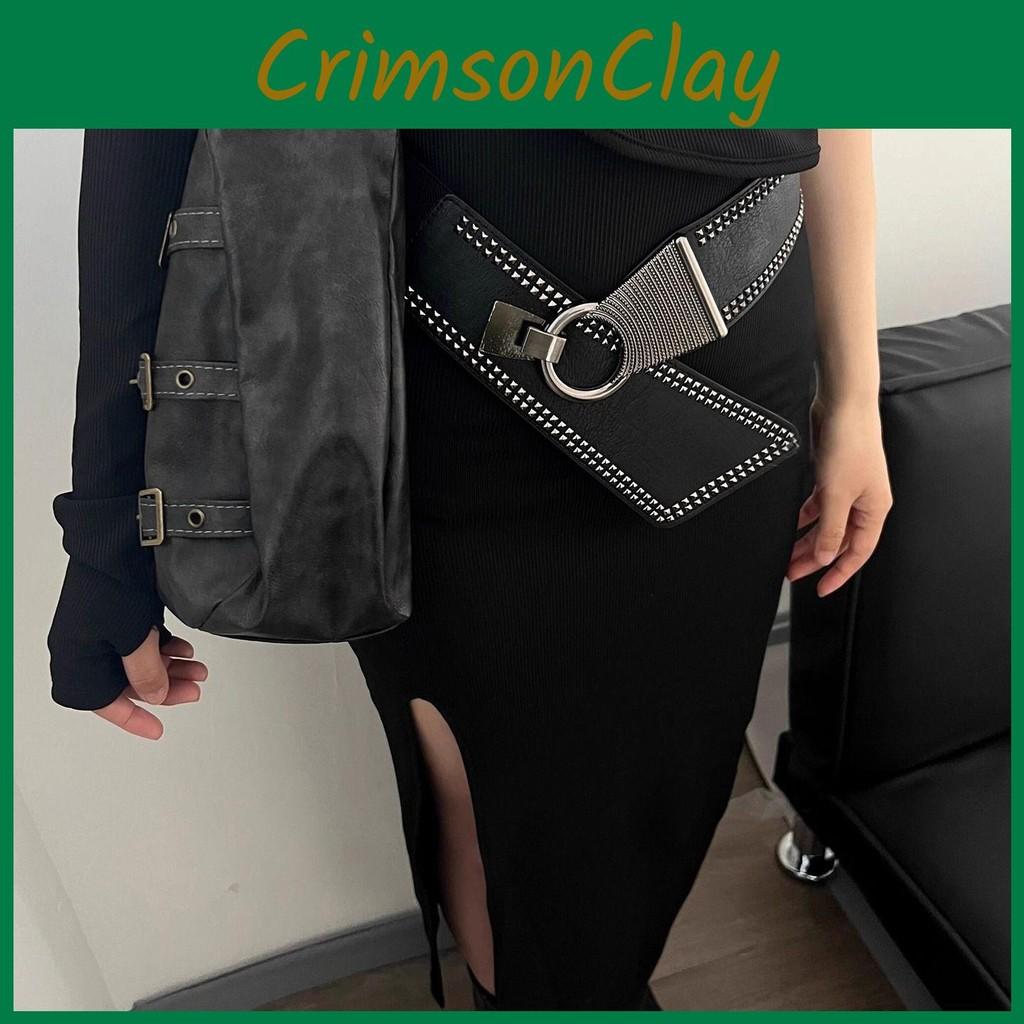 Fashion Rivet Decoration Women Casual Solid Color Elastic Wide Waistband