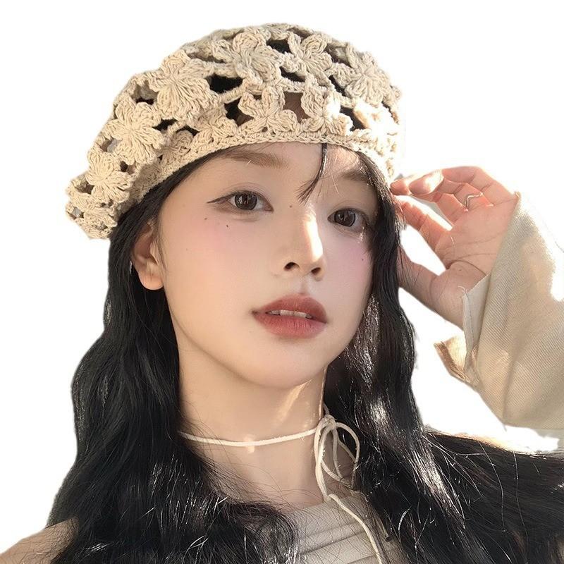 Stylish Embroidered Flower Hollow Beret Hat For Women Summer Versatile Thin Design