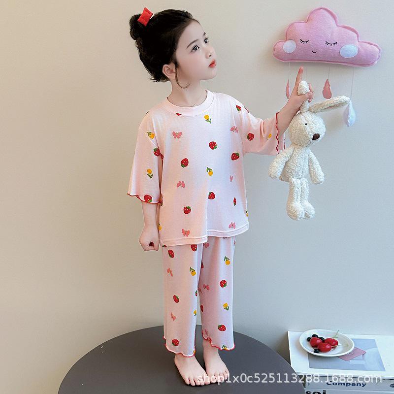 Girls' Summer Modal Pajamas - Cartoon Princess Style, Three-Quarter Sleeves. Perfect Air Conditioning Home Wear for Kids.