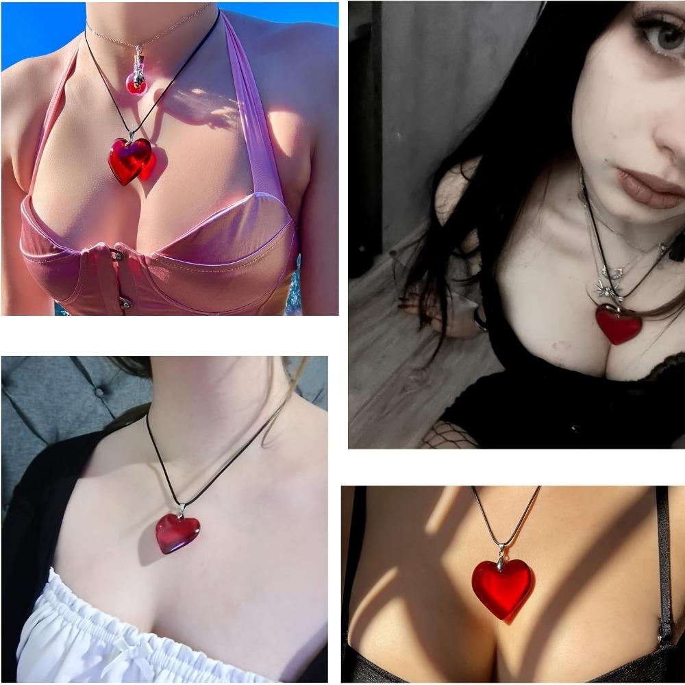 Red Heart-Shaped Glass Pendant Necklace for Women  Girls - Valentine's Day Present, Jewelry for Girls