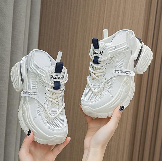 Fashion 10.5cm Air Mesh Genuine Leather Women Chunky Fashion Sneakers Platform Wedge Breathable Slippers Comfy Hollow Summer Shoes