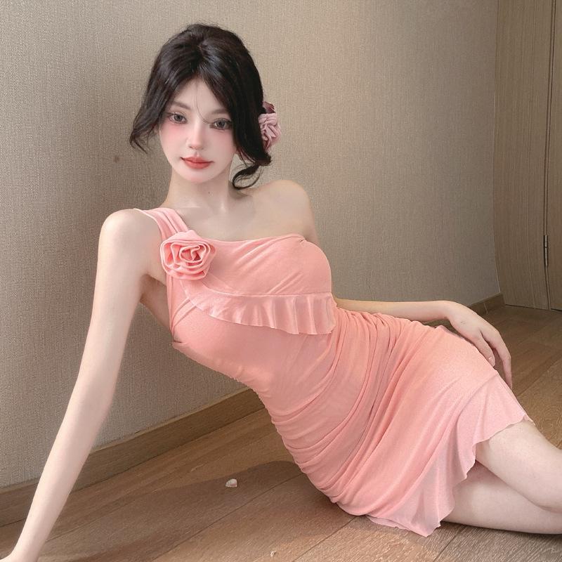 Sexy One-Shoulder Mesh Ruffled Slip Dress