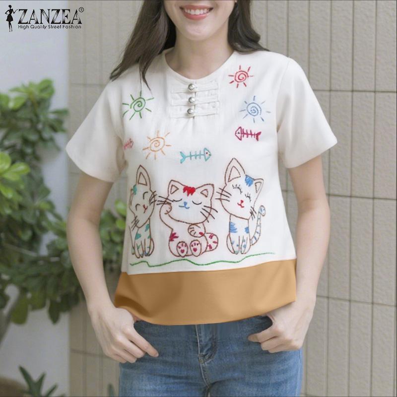 ZANZEA Women Casual Round Neck Summer Short Sleeve Print Blouse
