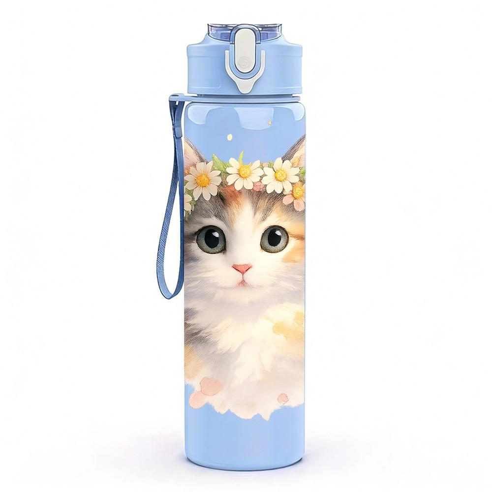 1PC Cute Kitten Cat Flower Crown Print 750ml Color Plastic Sports Water Bottle Leakproof Flip Straw Lid Suitable for Sports Office Home Use