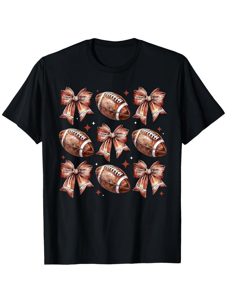 Coquette Bow American Football Game Day Thanksgiving TShirt Unisex Casual Short Sleeve Tee with Brown Bow White Football Print Sizes for Men Unisex Al