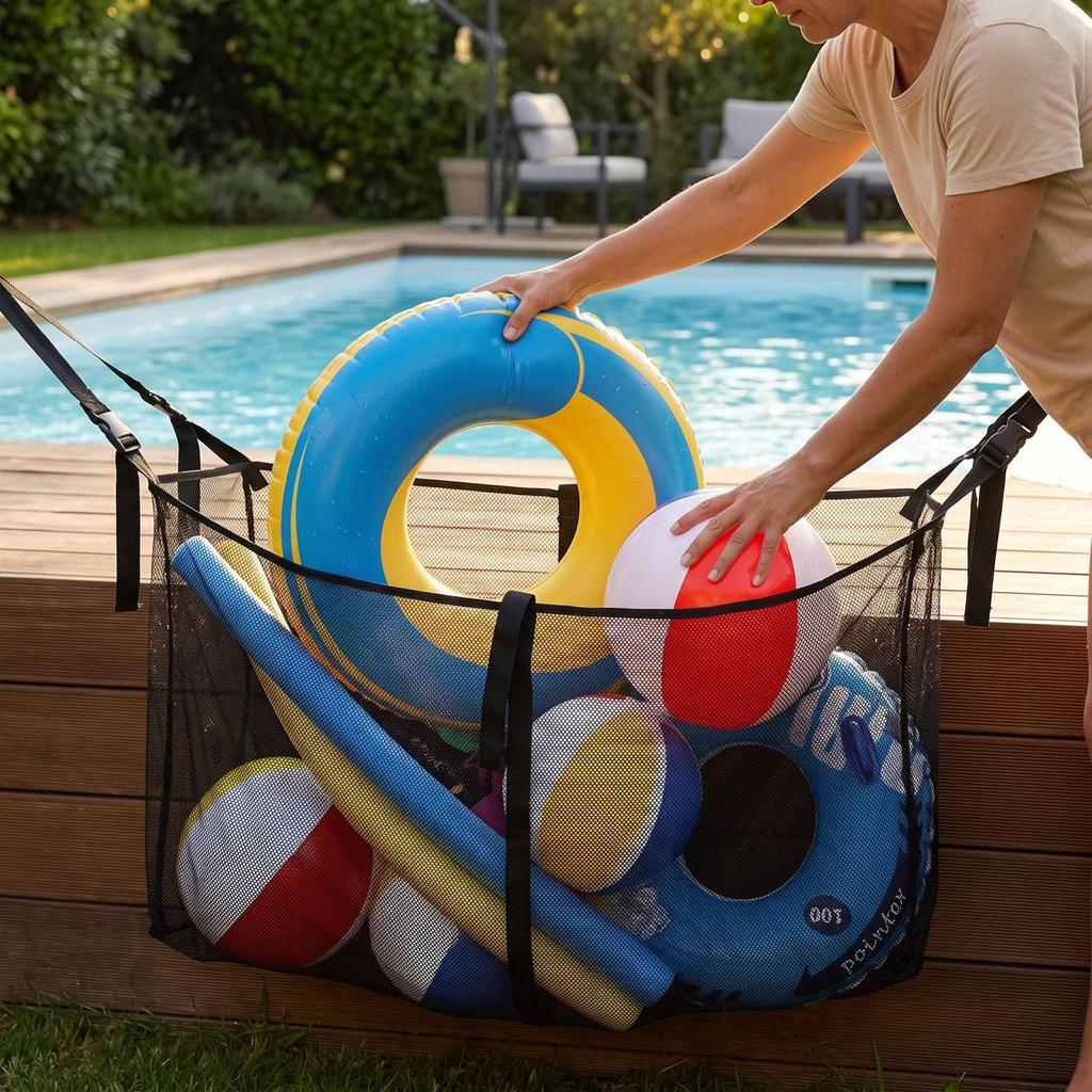 Pool Toy Storage Net Bag - Large Capacity Mesh for Floats, Swim Toys and Outdoor, Portable with