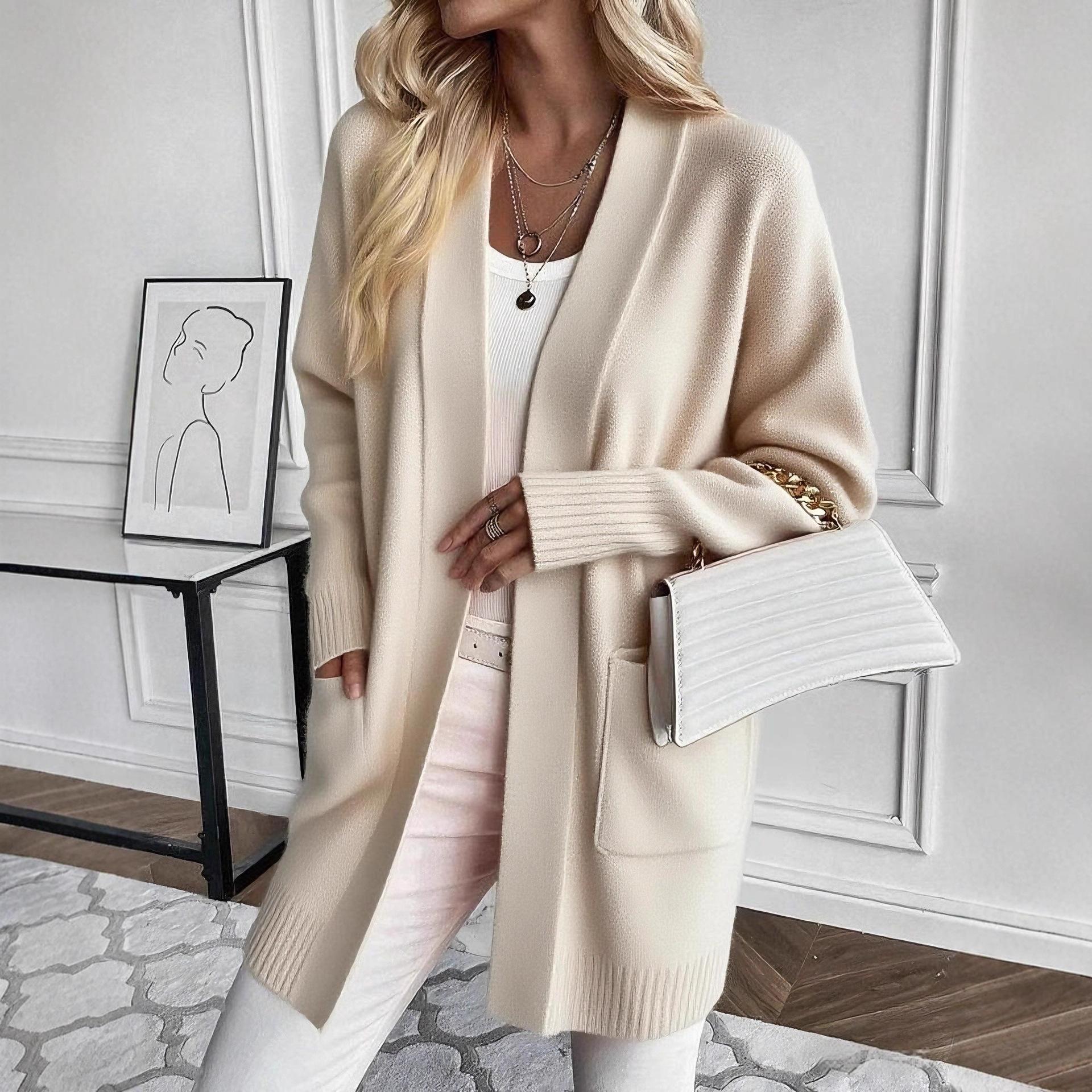 QINQING Dames Oversized V-hals Lange Mouwen Gebreide Vest Effen Kleur Losse Pasvorm Open Voorkant Jas L
