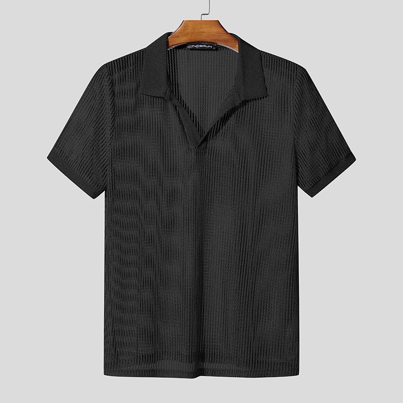 

INCERUN Summer Men Lapel Neck Short Sleeve Hollow Out Mesh Tops Shirts XL