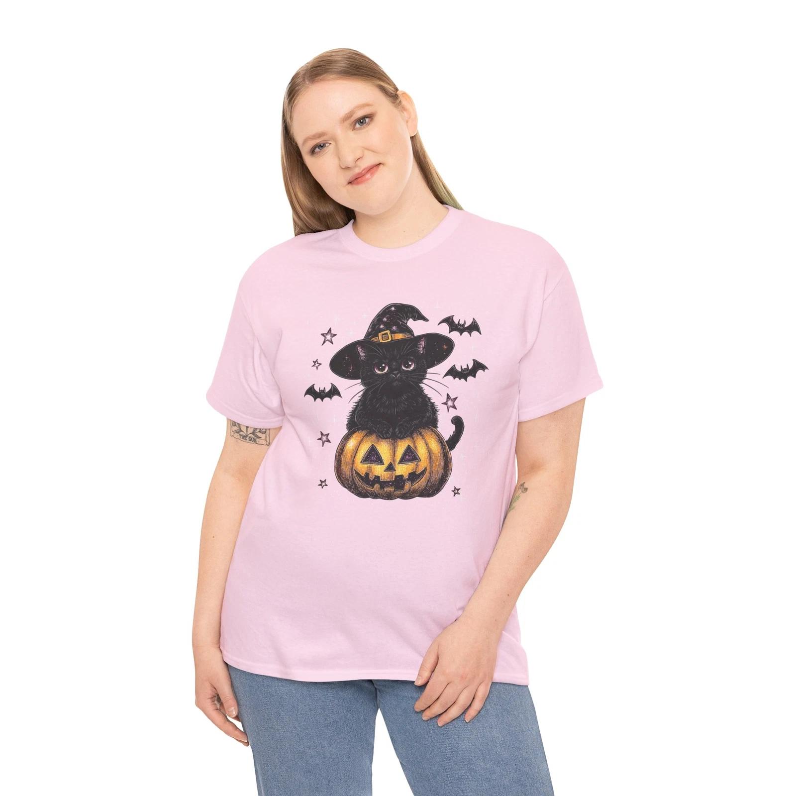 Black Cat Pumpkin Witch Hat T-Shirt | Stylish & Trendy Witchcraft Tee L