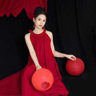 [Size] Holiday Style Neck Red Dress Women's Summer Yunnan Sanya Seaside Vacation Atmosphere