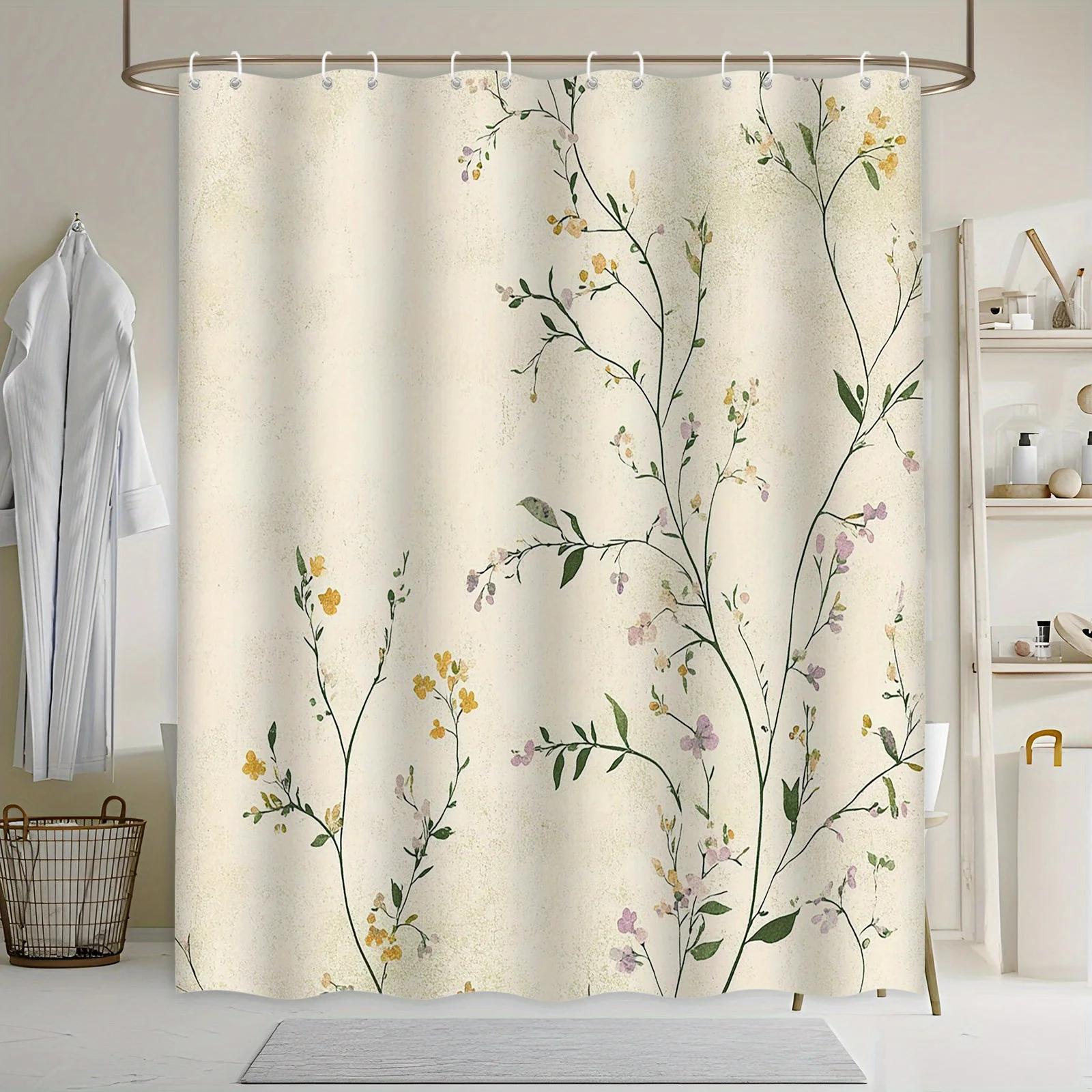 

Whimsical Floral Vine Bath Curtain - Yellow, Purple, Pink Flowers, Green Leaves On Beige, Delicate Botanical Design, Polyester W60H190(CM)-1 Pcs