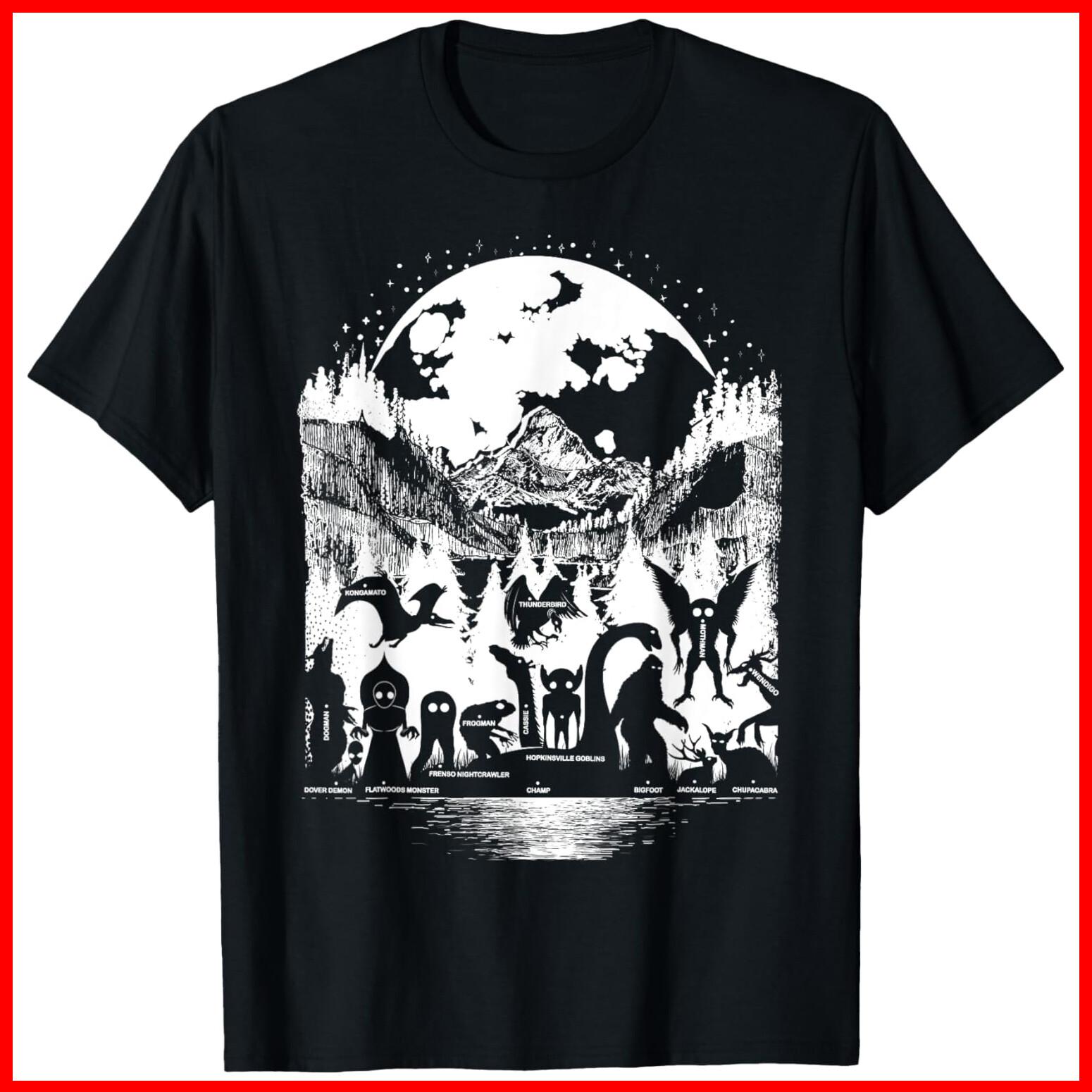 Cryptid Monsters Bigfoot Mothman Dogman Moon Cryptozoology Black Cotton T-Shirt XXL
