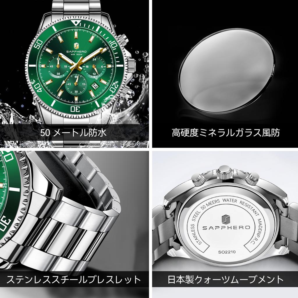 SAPPHERO Analog 10 ATM Water Luminous Stainless Mineral Date Silver Green Dial Men's Watch, Resistant, Hands, Steel, Glass, Business/Outdoor Use,