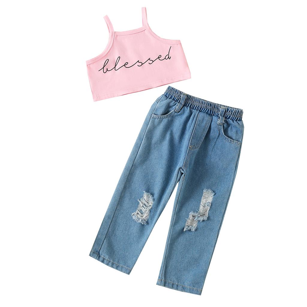 Summer Children's Fashion Short Letter Halter Top and Wide-leg Pants Two-piece Set