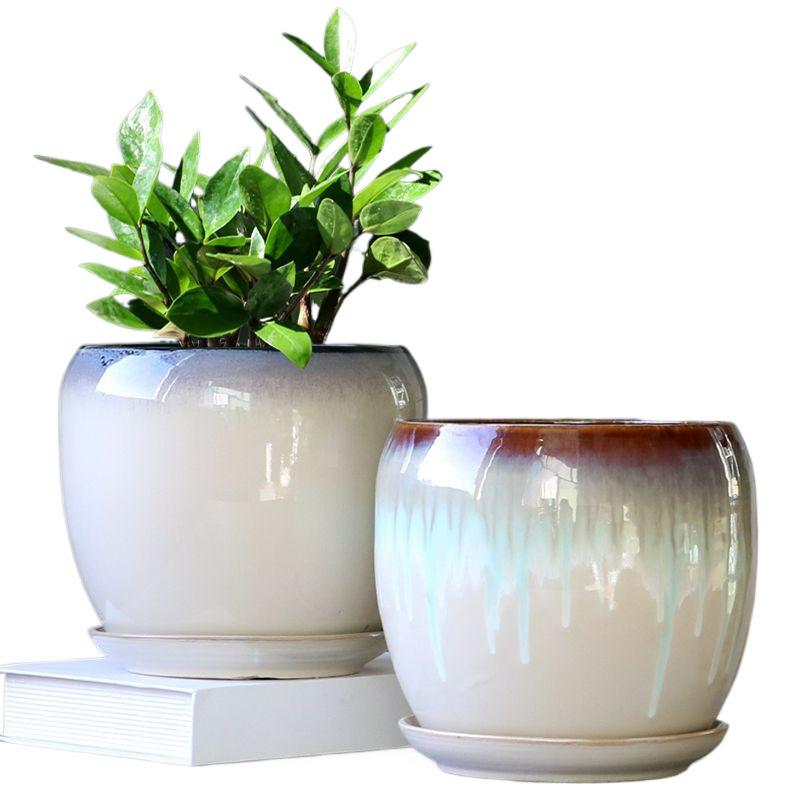 Breathable Ceramic Flower Pot with Tray for Gardenia and Succulents, Chinese Style, Large and Durable for Balcony Use.