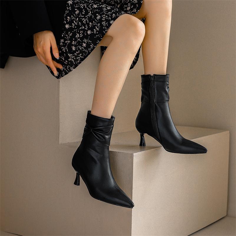 FOREADA Women Ankle Boots Pointed Toe Thin High Heels Pleated Zipper Short Boots Ladies Fashion Shoes Autumn Winter Almond 46