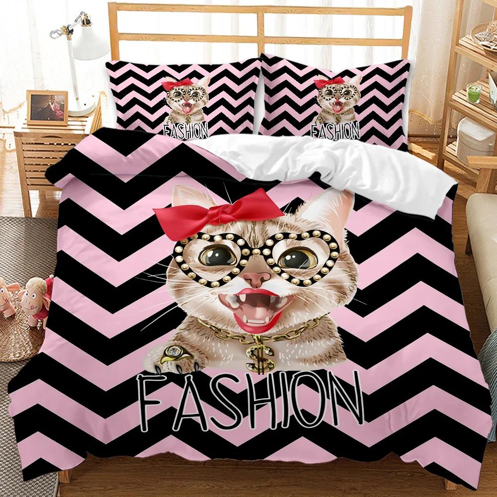 Cartoon Duvet Cover Kawaii Room Soft Reversible Comforter Cover Cute Cartoon Animal Kitten Lovely Romantic Polyester Qulit Cover