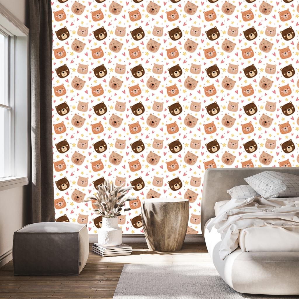 Bear Wallpaper white, cream, peach and orange 50x1000