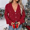 New Autumn Christmas Sweet Style Knitted Cardigan V-neck Pearl Decorated Sweater Coat for Women