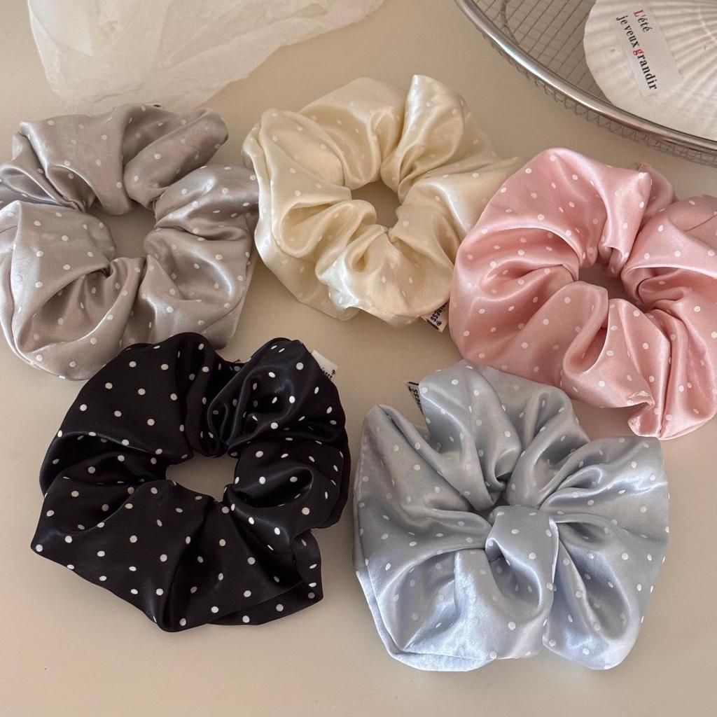 Korean Satin Polka Dot Scrunchie Hair Tie for Women and Girls.