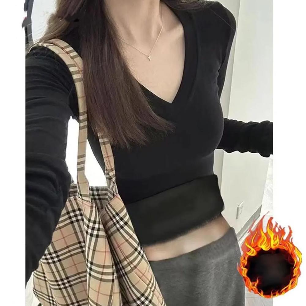 German Velvet V-neck Front Shoulder Autumn and Winter Long-sleeved Bottoming Shirt, Slim Fit, Velvet Thickened Spice Girl with Warm Top Inside