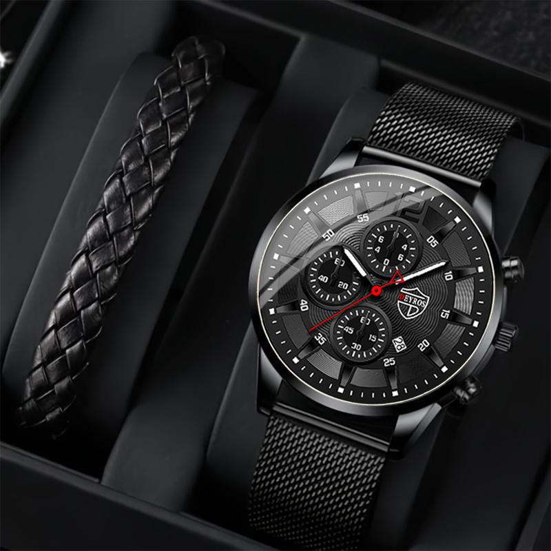 

2 шт./комплект мужские деловые спортивные кварцевые часы из нержавеющей стали с сетчатым ремешком наручные часы и браслет, День отца, День святого Валентина, подарки для него