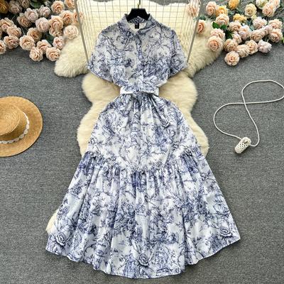 French Retro Print Elegant Dress Women Shirt Collar Breasted Waist Hugging Slimming Dresses Elegant Mid-Length Vacation Clothing Trendy