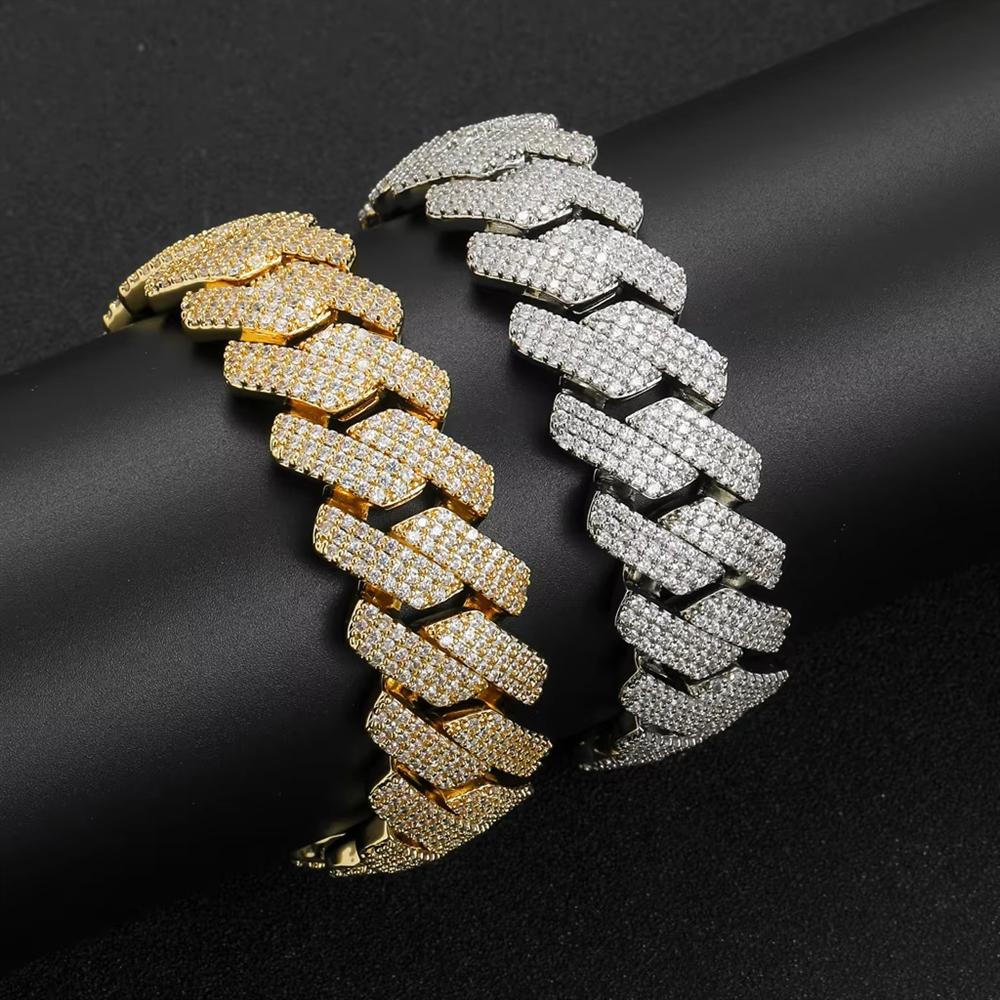 Street Rock Hip Hop Jewelry 20mm Wide Heavy Thick Rhombus Miami Cuban Chain Bracelet Iced Out Prong Cuban Link Bracelet