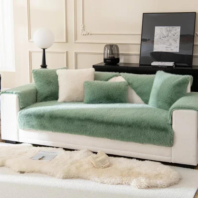 Winter Thick Sofa Towel Modern Fluffy Non-slip Plush Rabbit Wool Sofa Sitting Cushion Cover Slipcover Cushion Pad Towel