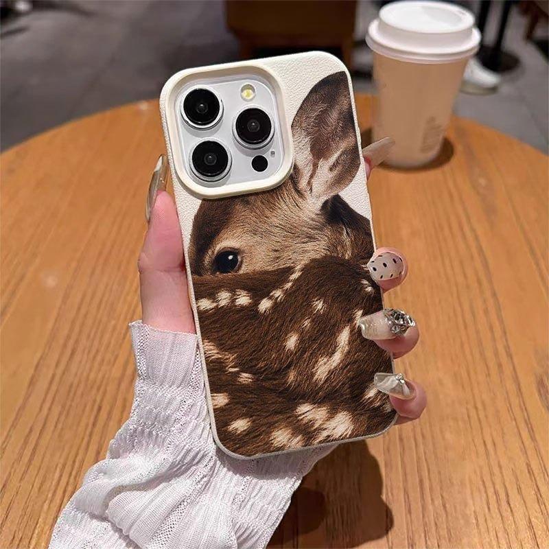 Cute Sika Deer Pattern Lychee Texture Phone Case For iPhone 11 12 13 14 15 16 17 Pro Max 14 15 Plus 17 Air Silicone Soft Cover