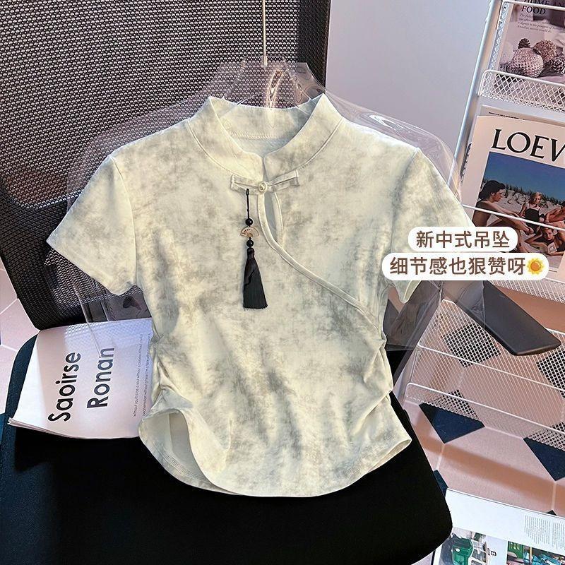 New Chinese Style Disc Buckle Tie-dye Irregular Slim-fit Short-sleeved T-shirt Women's Summer New Short Versatile Clothes