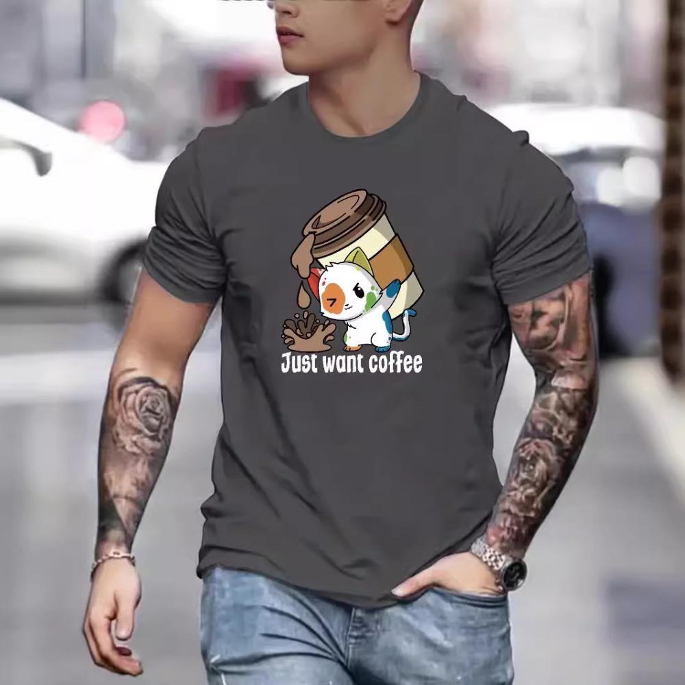 Coffee Serving Kitten Fashion Harajuku Style Pure Cotton Printed Men's Round Neck Short Sleeved T-shirt