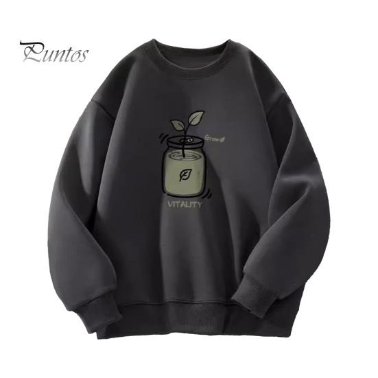 

Осень-зима мужской топ с круглым вырезом, свободный, чистый цвет, растительный принт, эластичные манжеты, пуловер средней длины, спортивная повседневная одежда, школьная толстовка L чёрный