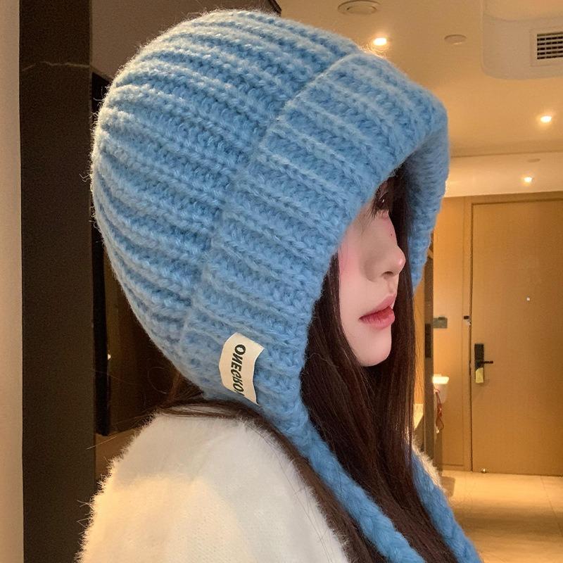 Blue Balaclava Hat Women's Autumn and Winter Warm Ear Protection Knitted Wool Hat Showing a Small Face and Cold-proof Bag Head Hat