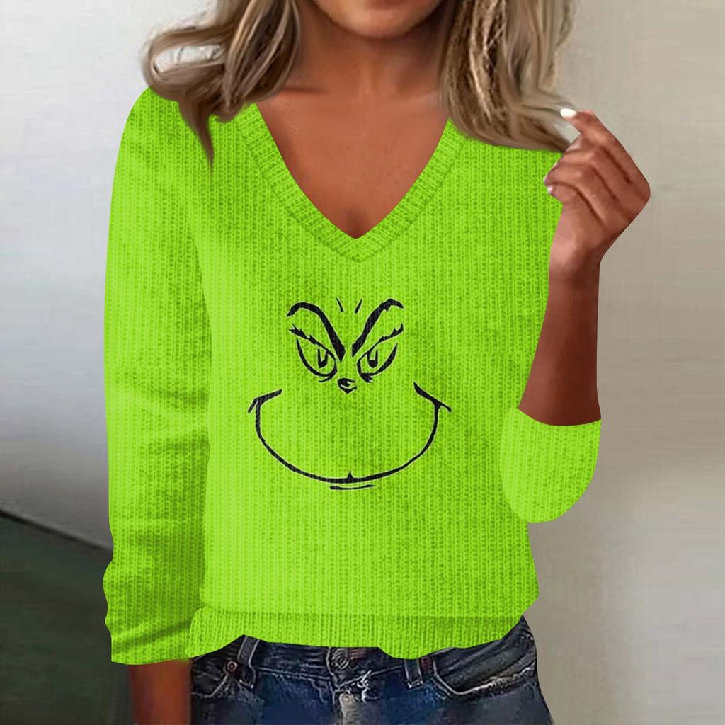 Women's Cute Sweatshirt Knitted Fashion Casual V-neck Long-sleeved  Cozy Print Top