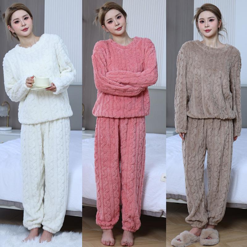Women's Coral Fleece Jacquard Pajama Set - Thick Velvet, Warm Casual Loungewear for Couples, Autumn/Winter 
