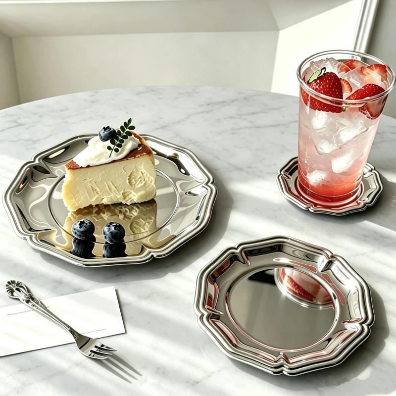 Silver Stainless Steel Cake Tray Round Mirror Surface Dessert Plate for Restaurant Buffet Food Display
