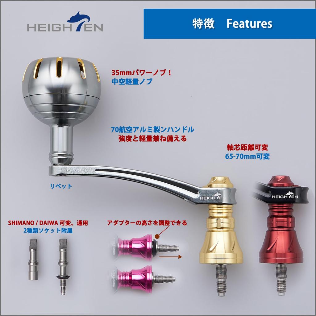 HEIGHTEN 65-70mm Adjustable Reel Handle with 35/38mm Knob for Shimano and Daiwa Spinning Reels, Chrysant Series (Gunmetal & Gold) (760)