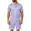 Men's Short Sleeve Pajama Set with Pockets - Soft Satin Stripe Plaid Print Two-Piece Outfit for Home and Casual Wear